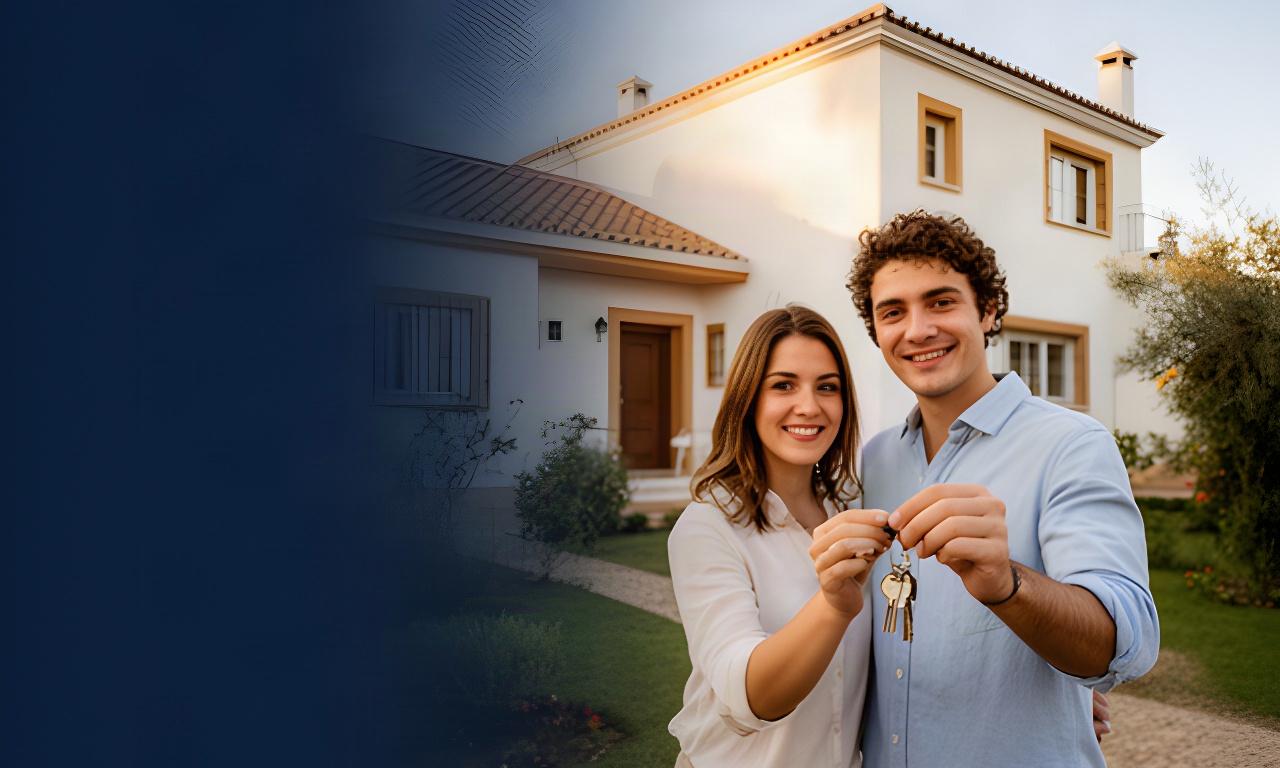 Pareja joven frente a una casa luminosa en Andalucía mientras sostiene las llaves de su primera vivienda