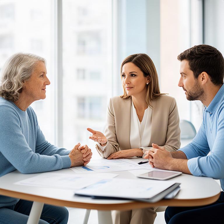 Asesora financiera conversando con una pareja en una oficina luminosa mientras revisan una planificación económica