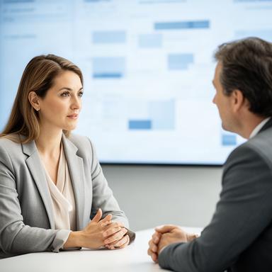 Asesora financiera Nevenka Ripan conversando con un cliente junto a una pantalla de datos