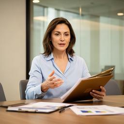 Loe Taratiel, directora financiera, trabajando con informes de patrimonio en una sala de reuniones