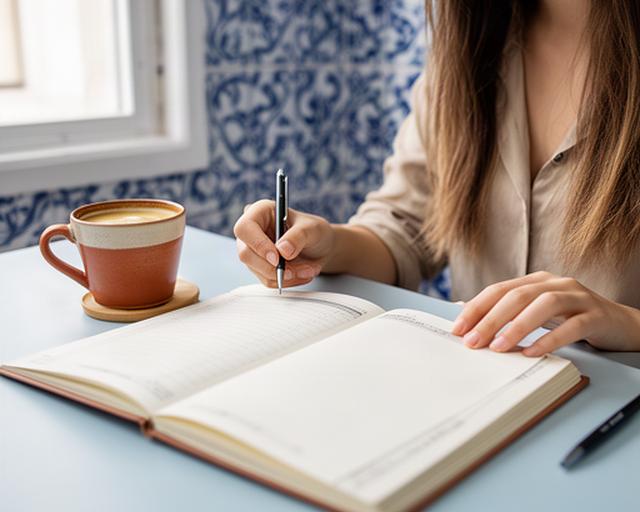 Mesa de trabajo de una joven profesional en Sevilla con libreta de presupuesto, café y azulejos andaluces